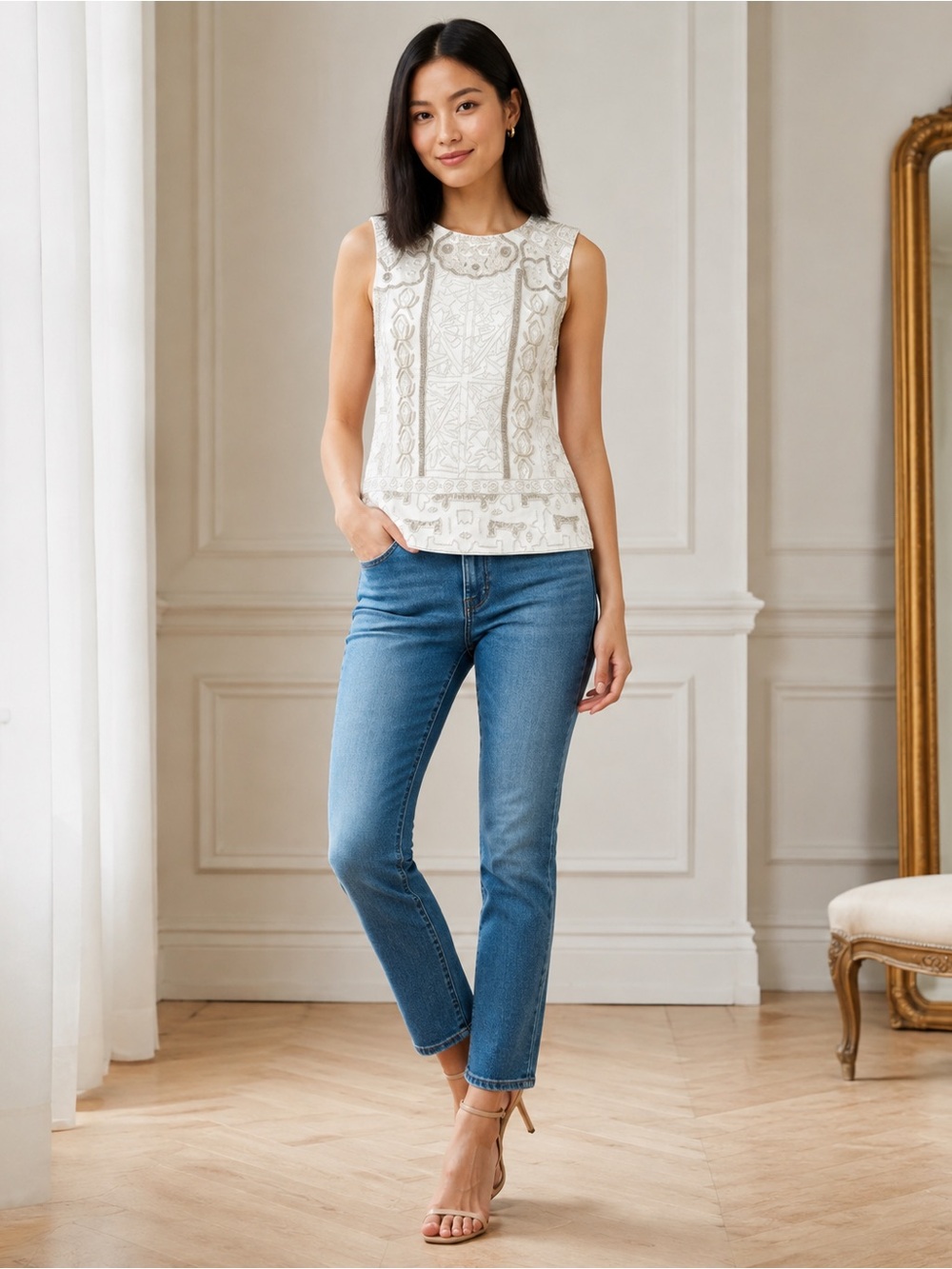 J. Crew Cream Embroidered Sleeveless Lace Blouse | Size XS